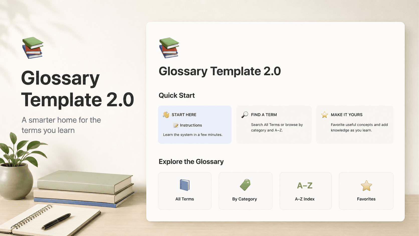 Glossary Template 2.0 dashboard preview with Quick Start cards and glossary navigation.